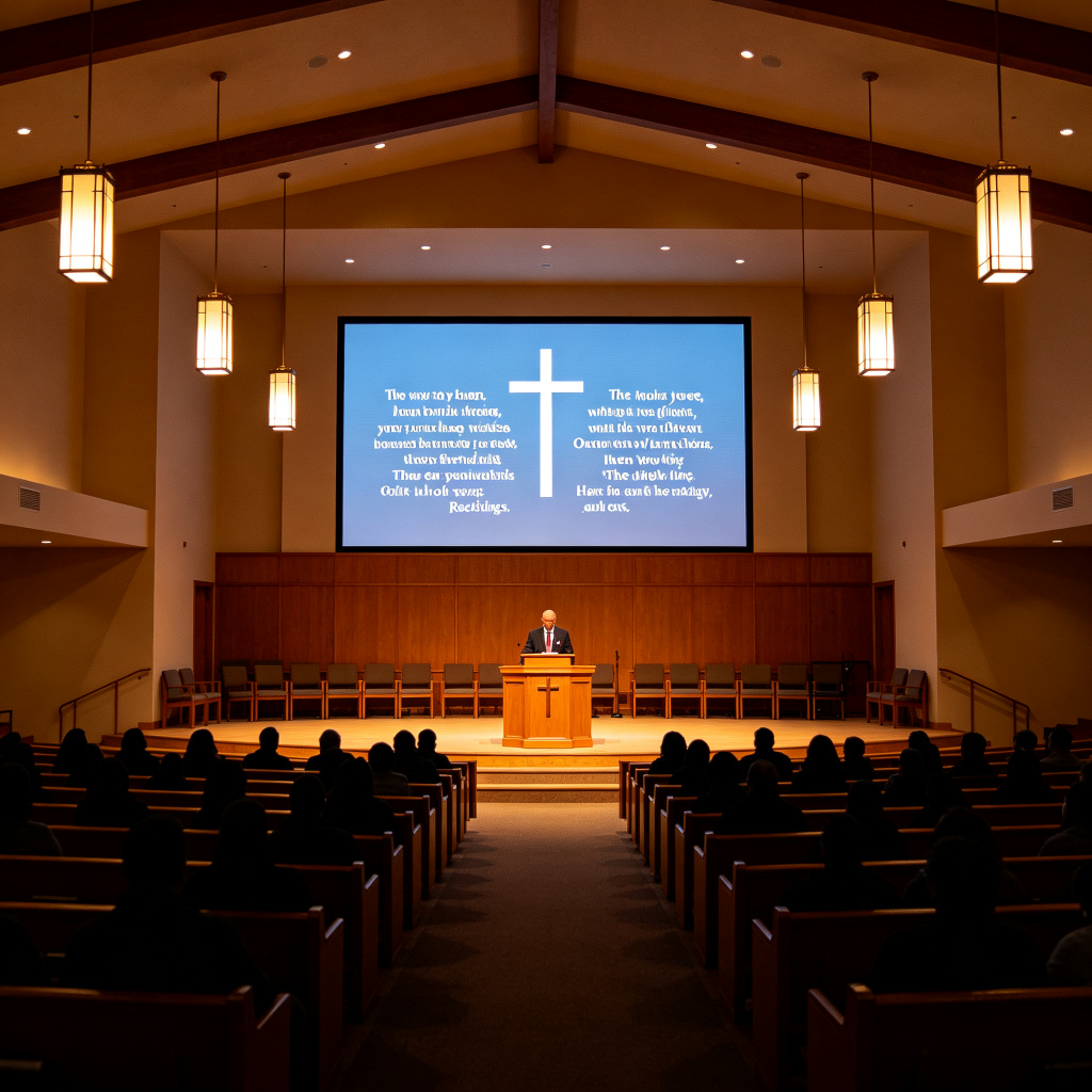 Church LED wall displaying worship lyrics in sanctuary with congregation