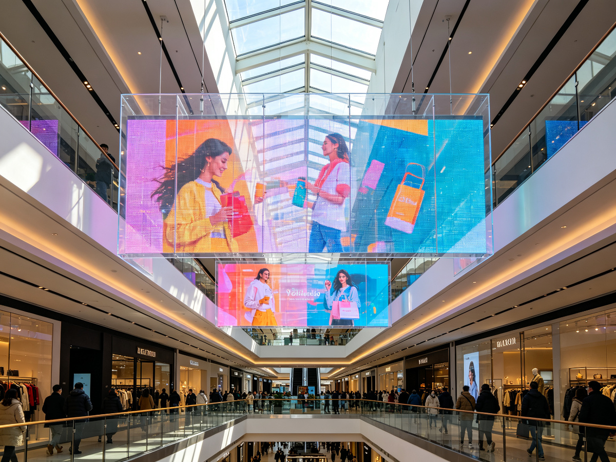 Shopping mall atrium with hanging transparent LED display above walkway