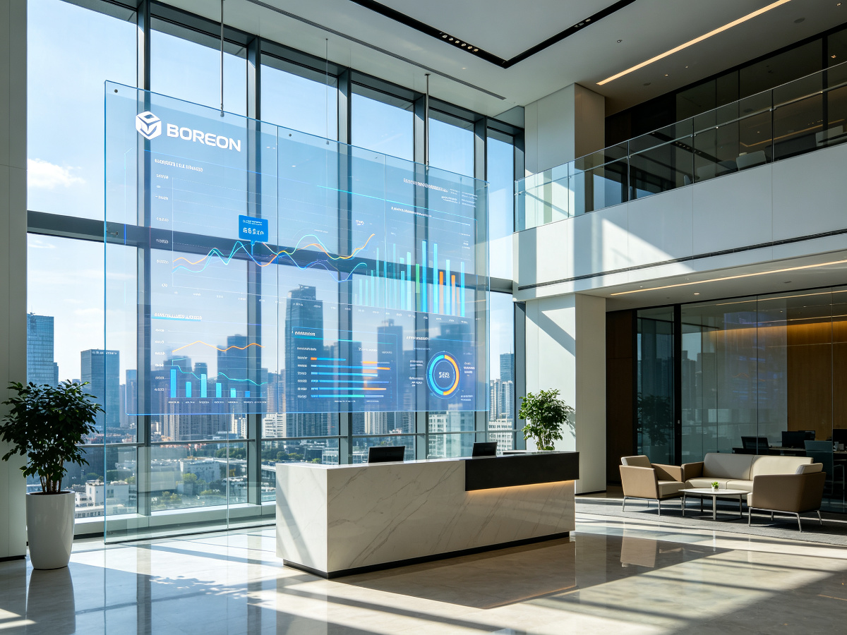 Corporate lobby glass wall with transparent LED display showing brand and data
