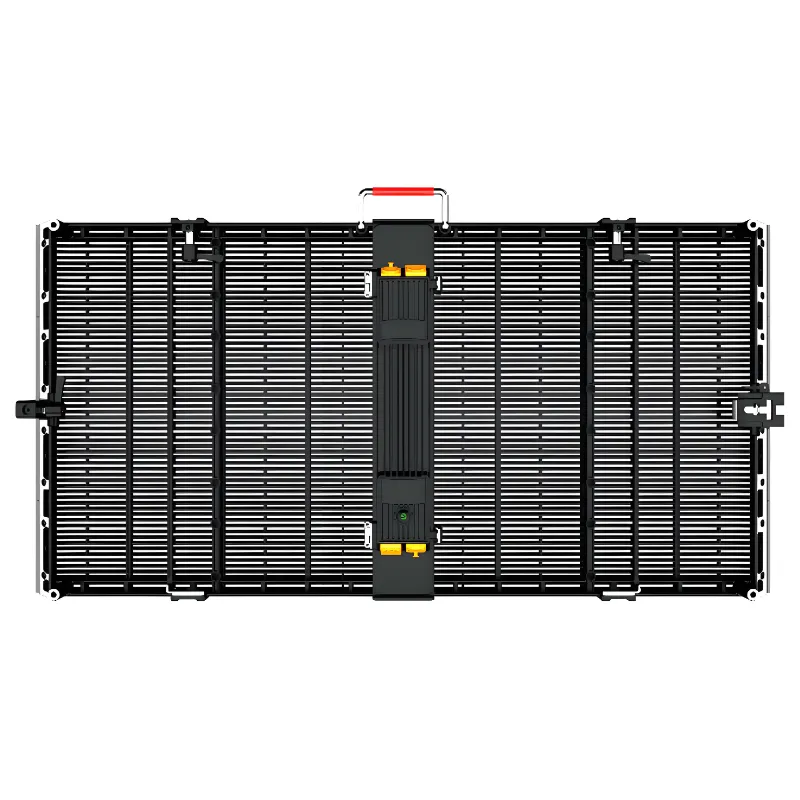OL-CT outdoor transparent curtain LED cabinet back view with handle and connectors