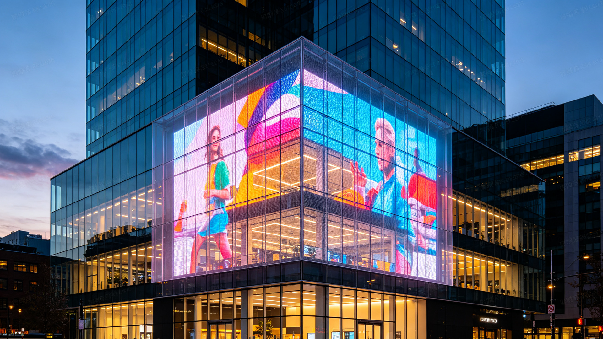 Modern building facade with transparent LED curtain display at dusk