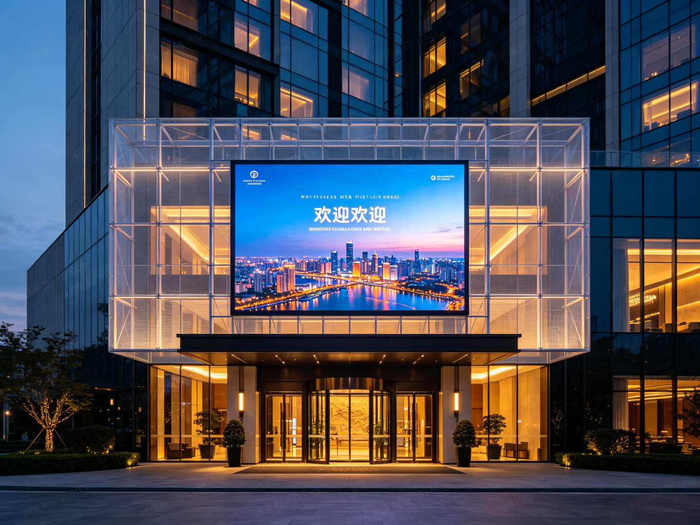 Luxury hotel entrance with outdoor transparent LED curtain display showing welcome message