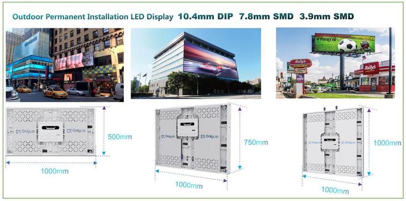 D96 LED billboard cabinet range — 10.4 mm DIP, 7.8 mm SMD and 3.9 mm SMD modules