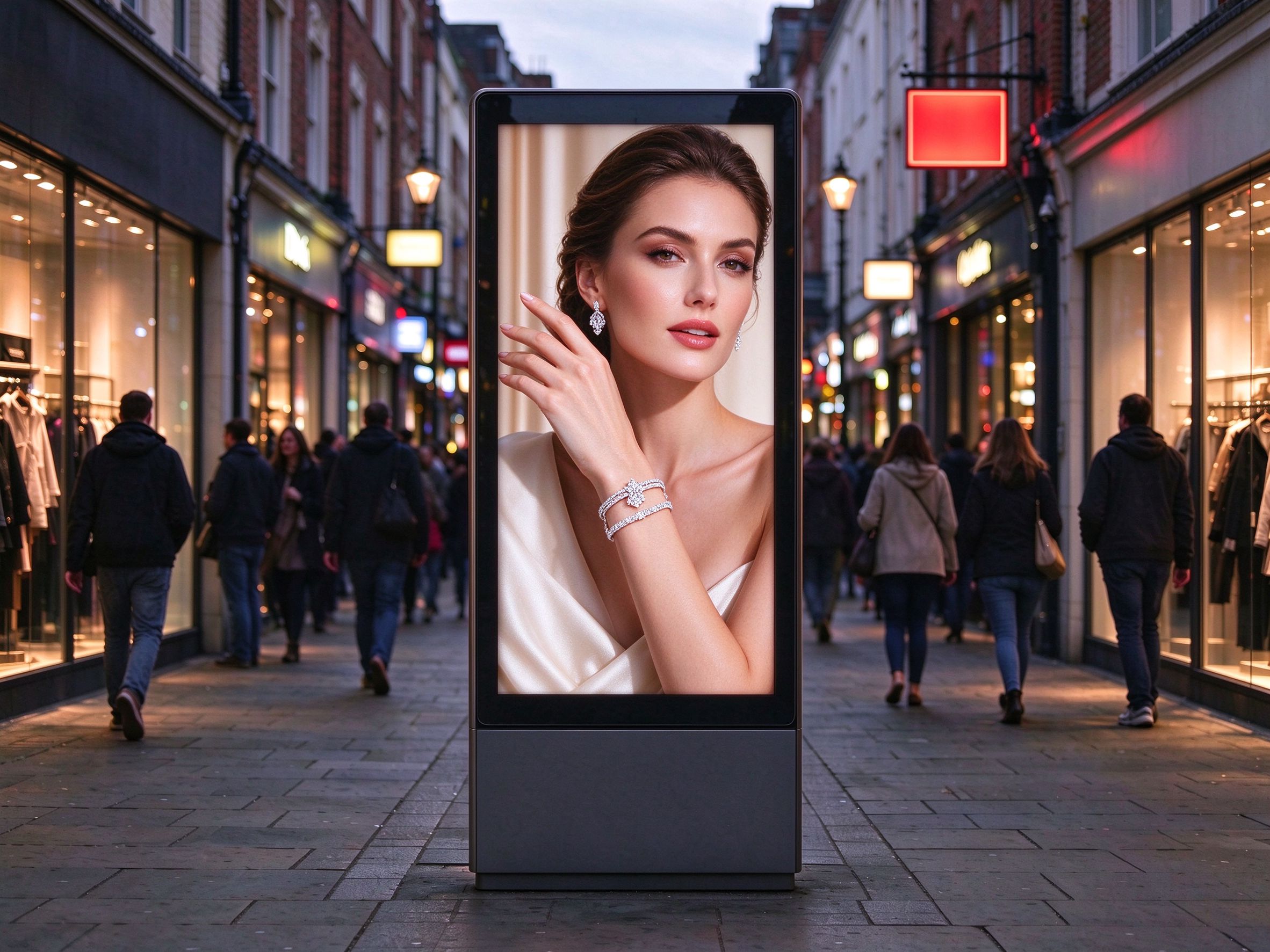 Roadside D6 LED totem in a retail shopping street