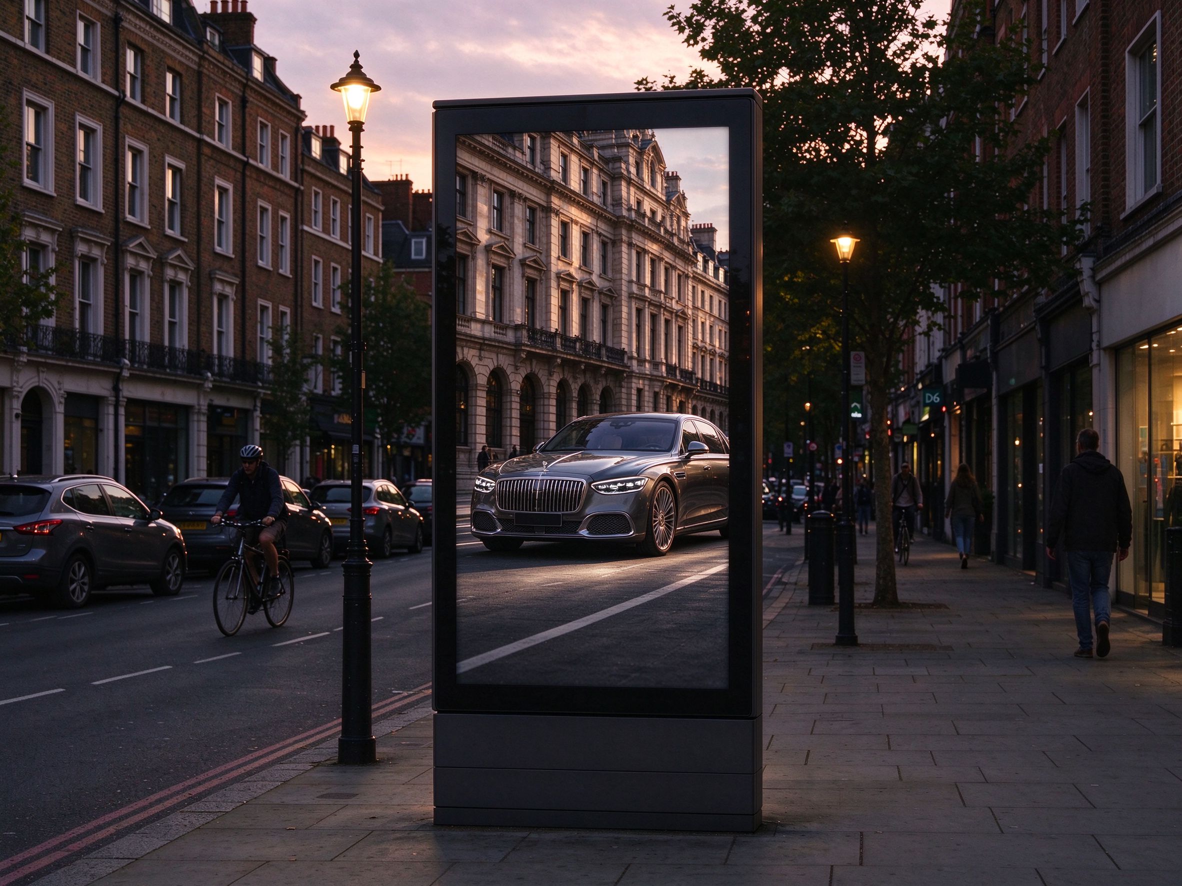 Freestanding roadside D6 LED totem on a city sidewalk