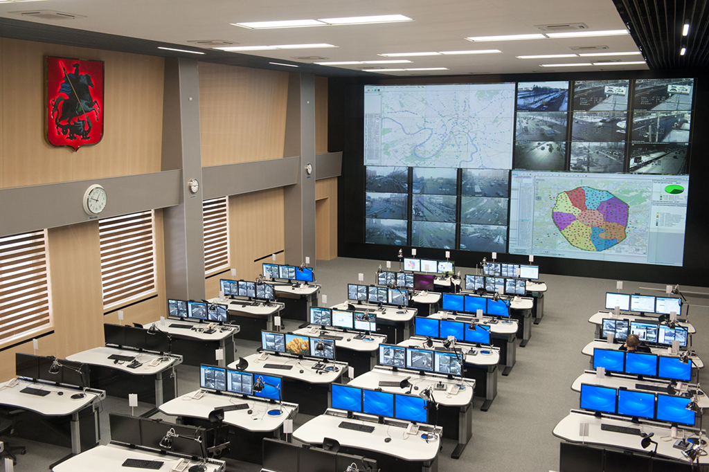 Control room LED video wall with monitoring displays